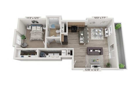Floor plan for 1 bed, 1 bath, 722 sqft